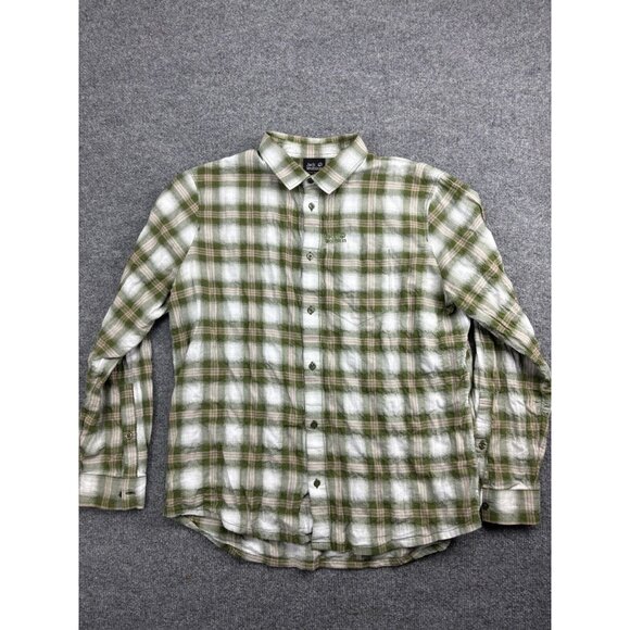 Jack Wolfskin Flannel Shirt Men's Medium Green Plaid Long Sleeve Button Up - Picture 1 of 8